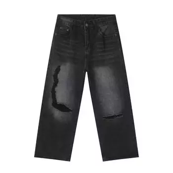 Длинные брюки Broken Jeans Мужские уличные хип-хоп стираные свободные прямые брюки Прямые свободные джинсы для мужчин Модные и удобные брюки S черный серый