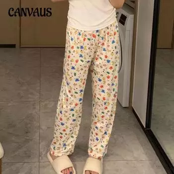 Длинные брюки. Брюки для сна. Женские летние тонкие носимые свободные домашние брюки. Брюки для отдыха с принтом. One Size