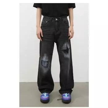 Длинные брюки Design Sense Fake Hole High Street Jeans Мужские свободные прямые ретро-брюки Прямые свободные джинсы для мужчин Модные и удобные брюки S черный серый