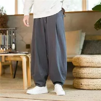 Длинные брюки для медитации Zen, большие размеры, одежда для отдыха, весна и лето, хлопок и лен, мужские повседневные шаровары Harlan в китайском стиле XXXXXL чёрный