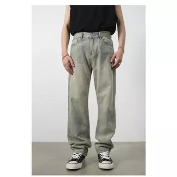 Длинные брюки грязно-желтые джинсы мужские прямые ретро свободные брюки средней посадки простые прямые свободные джинсы для мужчин модные и удобные брюки S