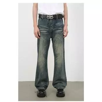 Длинные брюки High Street Jeans Men s Old Washed Loose Micro Flare Design Sense Retro Pants Straight Loose Jeans for Men Fashion and Comfortable S синий