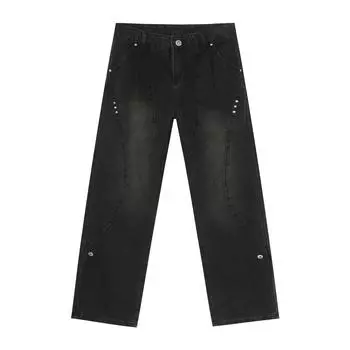 Длинные брюки High Street Rivets Прямые джинсы Мужские свободные тонкие брюки с пуговицами Прямые свободные джинсы для мужчин Модные и удобные брюки S черный серый