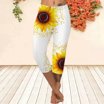 Длинные брюки, летние короткие леггинсы, короткие обтягивающие брюки, леггинсы больших размеров, женские облегающие длинные брюки с принтом 3D-подсолнухов XS жёлтый