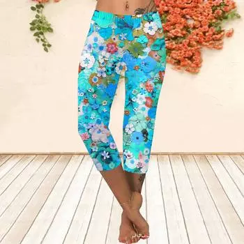 Длинные брюки, летние короткие леггинсы, короткие узкие брюки, леггинсы больших размеров, женские облегающие летние длинные брюки с 3D принтом пруда XS разноцветный