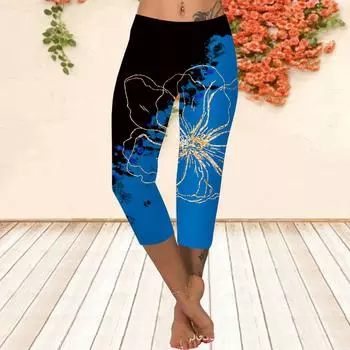 Длинные брюки, летние короткие леггинсы, короткие узкие брюки, леггинсы больших размеров. Женские облегающие длинные брюки синего цвета с 3D-принтом и цветочным принтом.