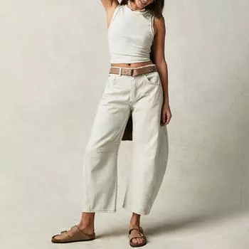 Длинные брюки повседневные модные однотонные свободные прямые женские джинсы со средней талией L чёрный