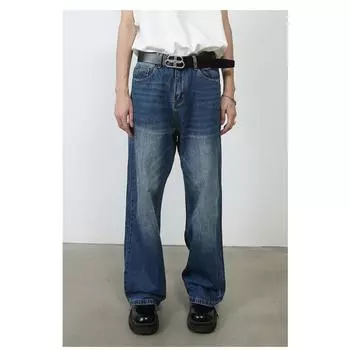 Длинные брюки Ретро High Street Broken Hole Джинсы Мужские свободные прямые широкие брюки Прямые свободные джинсы для мужчин Модные и удобные брюки S синий