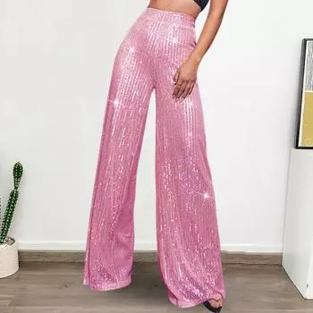 Длинные брюки с высокой талией, блестящие прямые широкие брюки с эластичной резинкой на талии, свободный крой L розовый/золотой