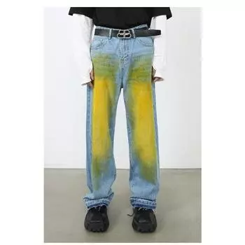 Длинные брюки Свободные прямые джинсы Мужская индивидуальная мода Повседневная ретро Широкие брюки Прямые свободные джинсы для мужчин Модные и удобные S синий