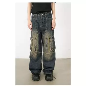 Длинные брюки Универсальные стираные многокарманные джинсы Sense of Work для мужчин Пожилые брюки Sense of European and American S