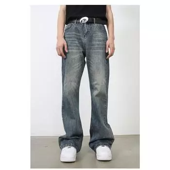 Длинные брюки Винтажные микро-широкие прямые джинсы Мужские свободные и универсальные потертые брюки Прямые свободные джинсы для мужчин Модные и удобные S синий