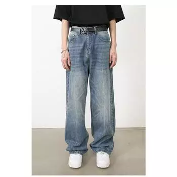Длинные брюки Винтажные потертые джинсы Мужские осенне-зимние прямые повседневные брюки Прямые свободные джинсы для мужчин Модные и удобные брюки S синий