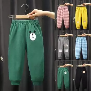 Длинные брюки в полоску с мультяшным принтом, брюки унисекс для мальчиков и девочек, брюки с эластичной резинкой на талии 80 жёлтый