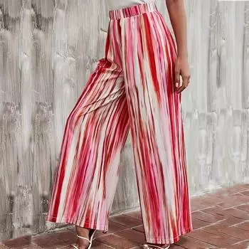 Длинные брюки в полоску с принтом для женщин, летние эластичные широкие брюки с высокой талией, повседневные свободные дышащие легкие длинные брюки для работы и отдыха S красный