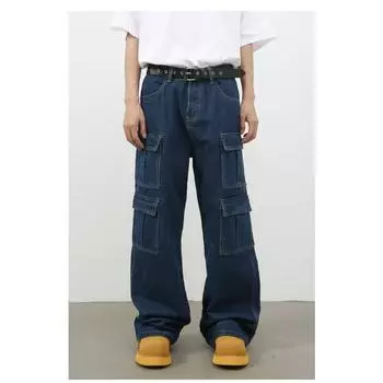 Длинные брюки винтажные многокарманные вымытые джинсы мужские уличные свободные прямые рабочие брюки прямые свободные джинсы для мужчин модные и удобные S черный серый