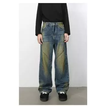 Длинные брюки винтажные потертые градиентные джинсы мужские свободные прямые широкие брюки прямые свободные джинсы для мужчин модные и удобные S синий
