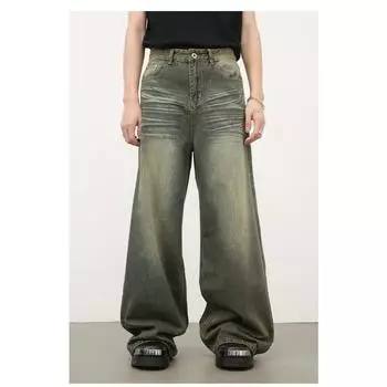 Длинные брюки винтажные зеленые выбеленные джинсы мужские свободные прямые широкие брюки прямые свободные джинсы для мужчин модные и удобные брюки S