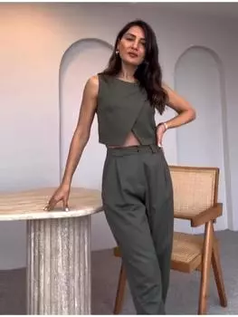 Длинные брюки женские костюмы с круглым вырезом без рукавов жилет однотонный офисный женский свободные брюки с высокой талией мягкие комплекты M хаки
