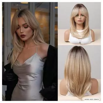 Длинные черные многослойные синтетические парики с челкой Карамельно-коричневый прямой парик Блондинка подчеркивает термостойкое волокно Костюм для повседневного использования чёрный