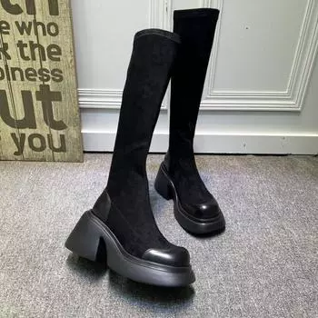 Длинные чулки, сапоги, обувь для женщин 2024, новый стиль, осень-зима, плюшевые, теплые, на толстом каблуке, сапоги Челси, квадратная платформа, женские 35 чёрный