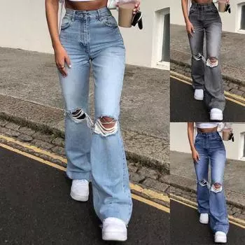 Длинные джинсы, эластичные свободные летние широкие рваные длинные брюки для покупок M черный серый