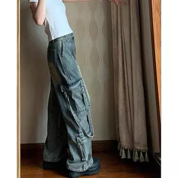 Длинные джинсы прямого кроя с карманной лентой, женские джинсовые брюки больших размеров, уличная одежда в стиле гранж в стиле Харадзюку y2k для бойфренда 2000-х годов S синий