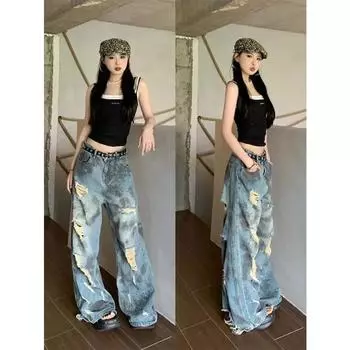 Длинные джинсы с прямыми штанинами и рваным принтом, женские джинсовые брюки больших размеров, повседневные джинсы для бойфренда 2024 y2k, феякор 2000-х годов, гранж, Харадзюку S синий