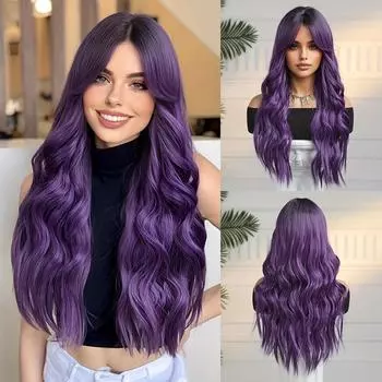 Длинные фиолетовые синтетические парики с челкой для женщин, волнистый парик с эффектом омбре из термостойкого волокна, красочные для вечеринки на Хэллоуин