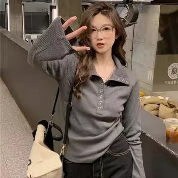 Длинные футболки с пуговицами Сексуальные женские футболки Спортивные топы для девочек Y2K Модная женская одежда для клуба и вечеринок S темно-серого