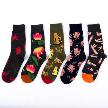 Длинные хлопковые носки темного цвета с животным узором, повседневные красочные дышащие модные весенние женские носки One size