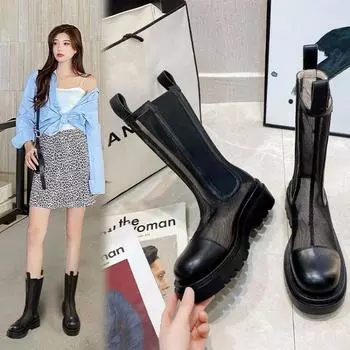 Длинные холодные сапоги для женщин 2024 года, новые модные сапоги на толстом каблуке с сетчатой поверхностью, но с сетчатой платформой до колена 35 чёрный