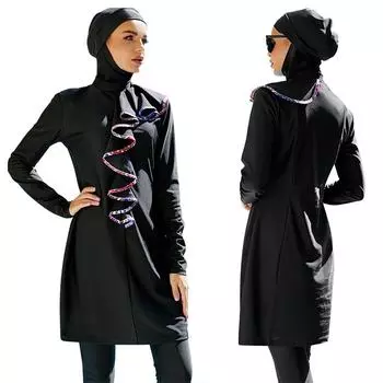 Длинные исламские купальники, мусульманские купальники, женские скромные лоскутные купальники с длинными рукавами, исламская одежда буркини, купальный костюм, купальник из трех частей S чёрный