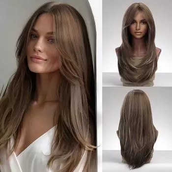 Длинные каштановые парики ALAN EATON с челкой, синтетический прямой парик для женщин, для повседневной вечеринки, косплея, термостойкое волокно