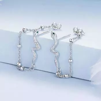 Длинные кисточки настоящие 925 пробы стерлингового серебра змея серьги гвоздики для женщин платиновое покрытие CZ свадебные украшения платиновый