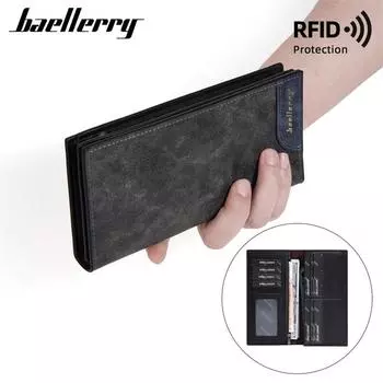 Длинные кошельки Baellerry с RFID-защитой, винтажный модный двойной кошелек, мужской кошелек с визитницей, сумки для денег, кошелек для монет 19cm*9.2cm*2.3cm синий