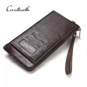 Длинные кошельки CONTACT S из натуральной кожи для мужчин, винтажные кошельки-клатчи с держателем для карт, кошельки для монет, зажим для денег кофейный
