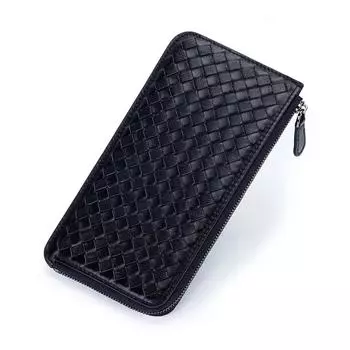Длинные кошельки из плетеной натуральной кожи для женщин, мягкий трикотажный кошелек из овчины, тонкий держатель для карт на молнии, клатч для телефона чёрный