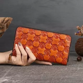 Длинные кошельки с тиснением цветов из натуральной кожи, сумки в винтажном стиле для телефона, женские сумки-держатели для карт 19.5cm*10.5cm*2.5cm коричневый
