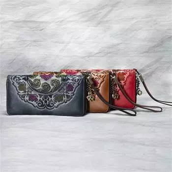 Длинные кошельки с тиснением для женщин, кошелек из натуральной кожи на молнии, кошелек, брендовый винтажный дизайн, кошелек 19.5*10*2.5cm серый