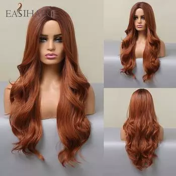 Длинные красно-коричневые объемные волнистые синтетические парики для женщин, средняя часть, оранжевый, рыжий цвет, парики для косплея, термостойкий парик