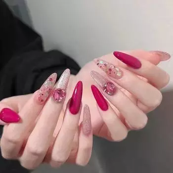 Длинные миндалевидные ногти ручной работы. Искусственные ногти. Искусство для чистых дам и горячих девушек. Розово-красные отбеливающие блестки. Высококачественные готовые патчи для ногтей. Многоразовые. XS
