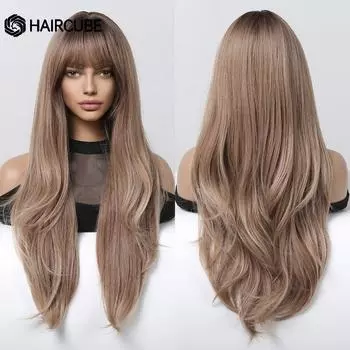 Длинные многослойные синтетические парики для женщин, коричневый, темно-русый, волнистый парик с челкой, высокая температура, повседневный модный парик для косплея