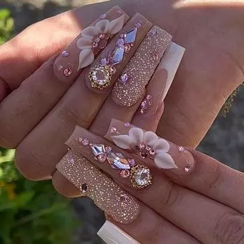 Длинные накладные ногти балерины, французские кончики ногтей, модный пресс на ногтях своими руками
