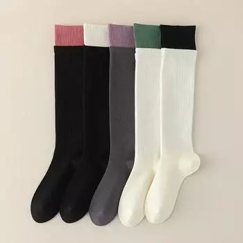 Длинные носки для школьниц, чулки, осенне-зимние вязаные хлопковые гольфы в японском стиле, однотонные черные, белые женские чулки