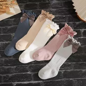 Длинные носки с бантами для девочек, зимние теплые хлопковые мягкие носки для новорожденных, милые однотонные носки с оборками для малышей S белый