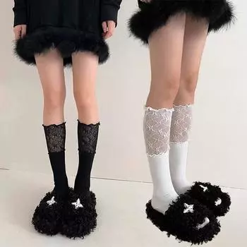 Длинные носки с кружевным цветочным принтом, сексуальные высокие гольфы, женские летние тонкие прозрачные носки для теленка, аксессуары, подарки белый