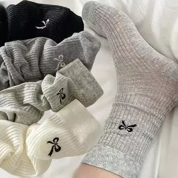 Длинные носки в стиле Лолиты с кружевом и бантом для женщин и девочек, летние ажурные носки, повседневные свободные носки с круглым вырезом, тонкие чулки средней длины, уличная одежда чёрный