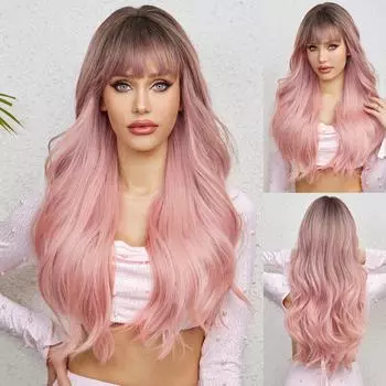 Длинные объемные волнистые синтетические парики, черный, фиолетовый, розовый, омбре, светло-персиковый розовый парик для женщин, повседневная вечеринка, косплей, термостойкий LC034-1