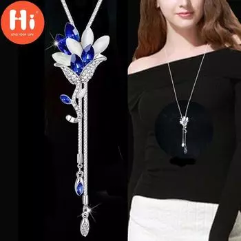 Длинные ожерелья и подвески Hi Flower с кристаллами, винтажная цепочка в виде листьев, модные украшения для женщин, 2019 синий